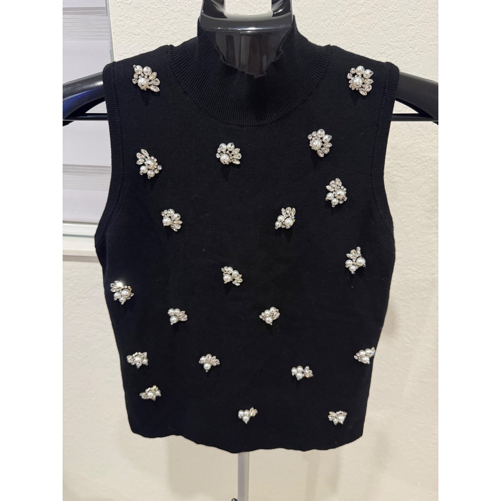 Jason Wu Black Embellished Mock Neck Sleeveless Knit Top Small NWT Holiday Glam